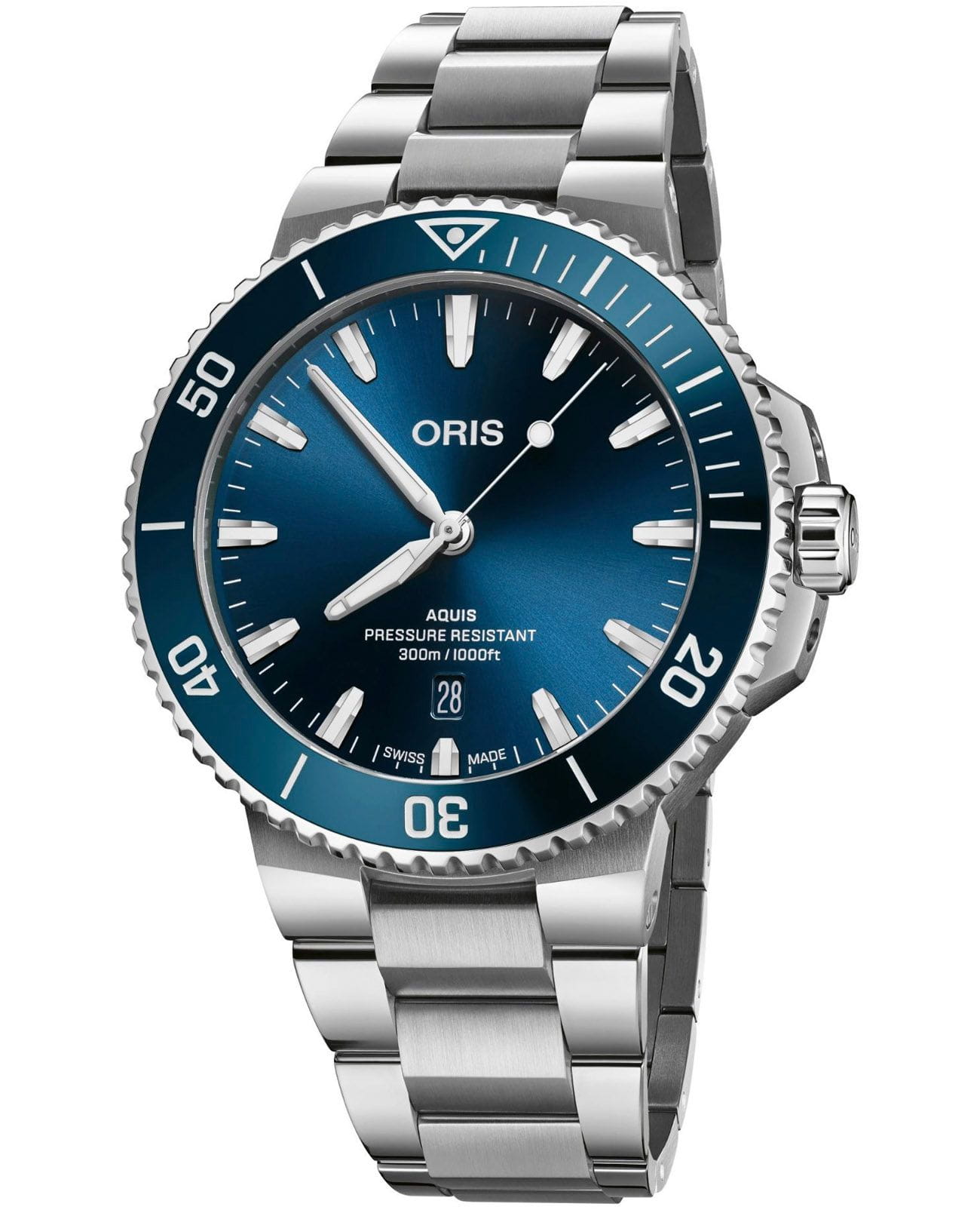 Oris Oris Aquis Date  01 733 7789 4135-07 8 23 04PEB  01 733 7789 4135-07 8 23 04PEB механические мужские часы синий циферблат, браслет нержавеющая сталь — вид спереди