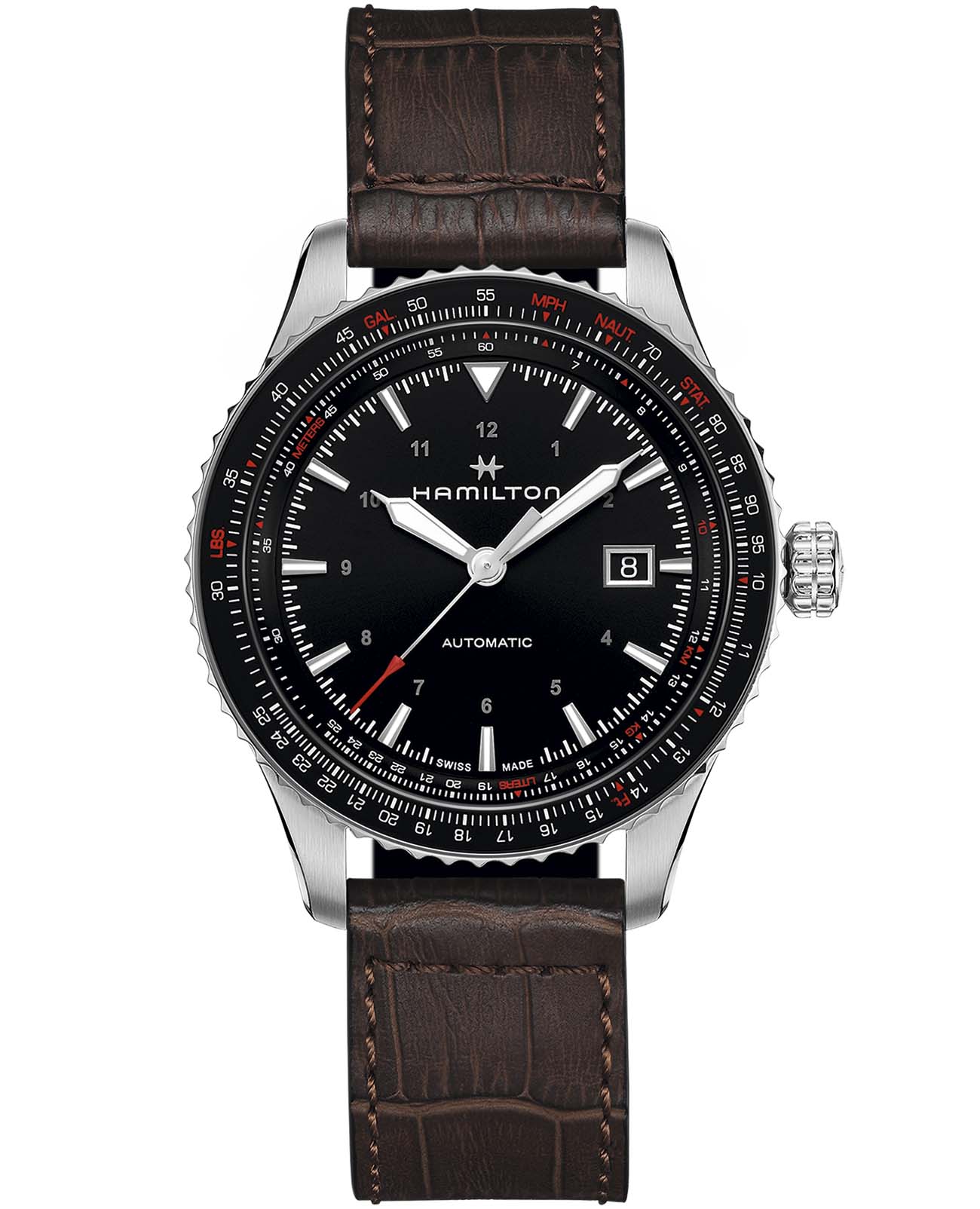 Hamilton Hamilton Khaki Aviation Converter H76615530  H76615530 механические мужские часы черный циферблат, браслет кожаный — вид спереди