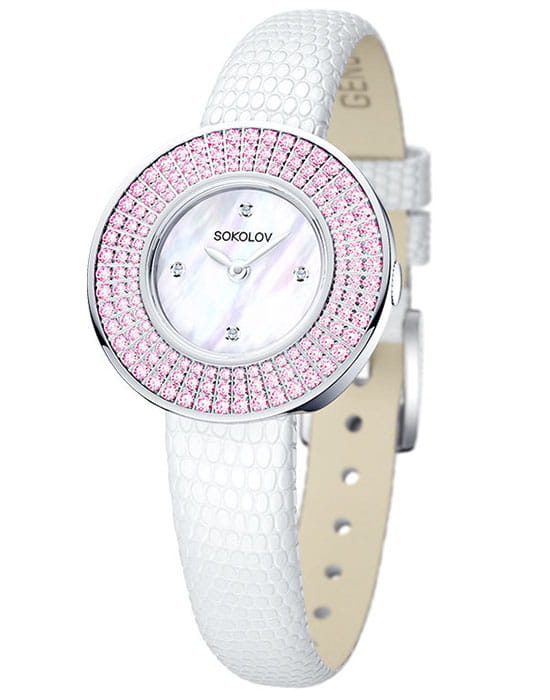 Sokolov 128.30.00.002.01.01.2  128.30.00.002.01.01.2 кварцевые женские часы перламутровый циферблат, браслет кожаный — вид спереди