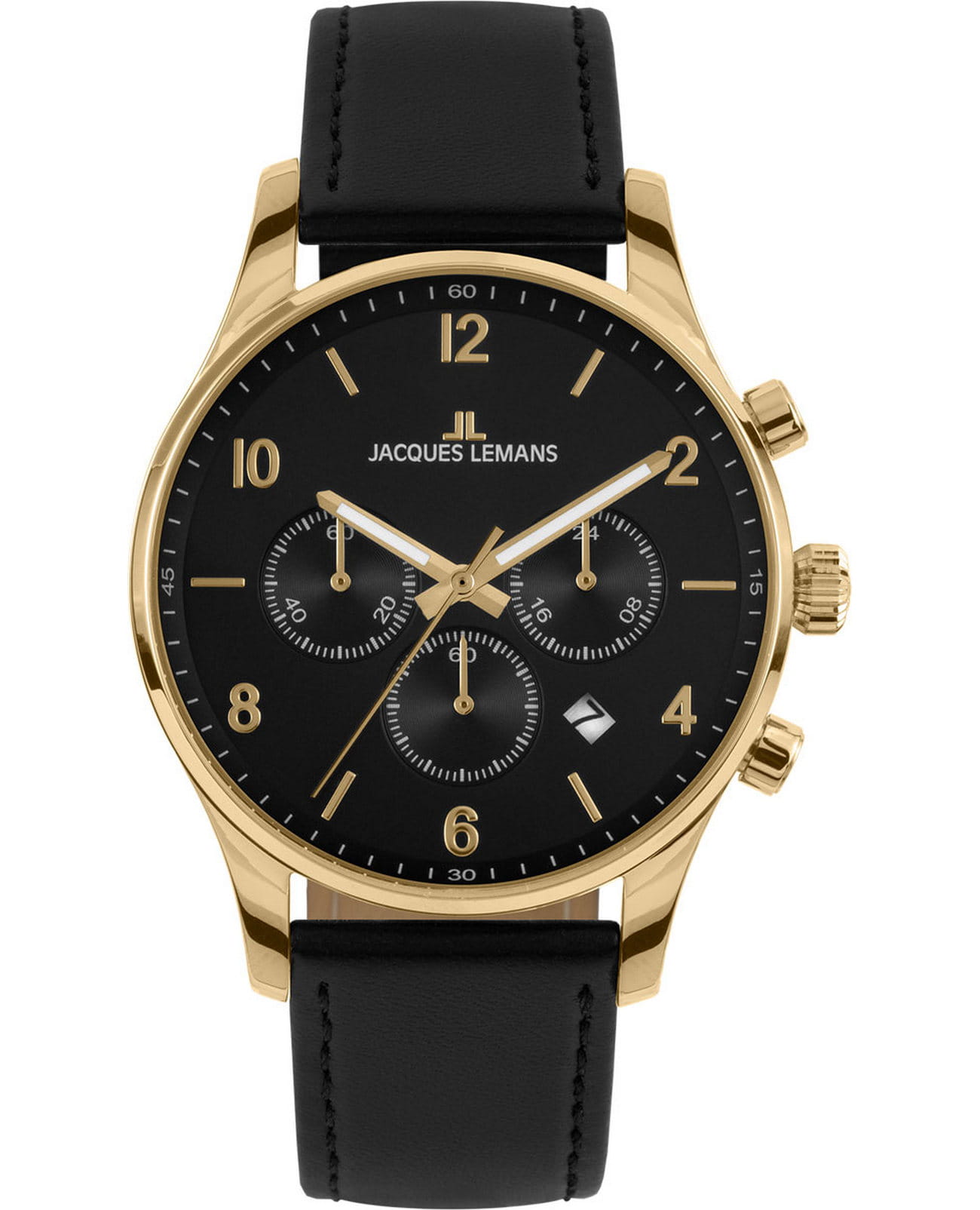 Jacques Lemans Jacques Lemans Classic 1-2126D  1-2126D кварцевые мужские часы черный циферблат, браслет кожаный — вид спереди