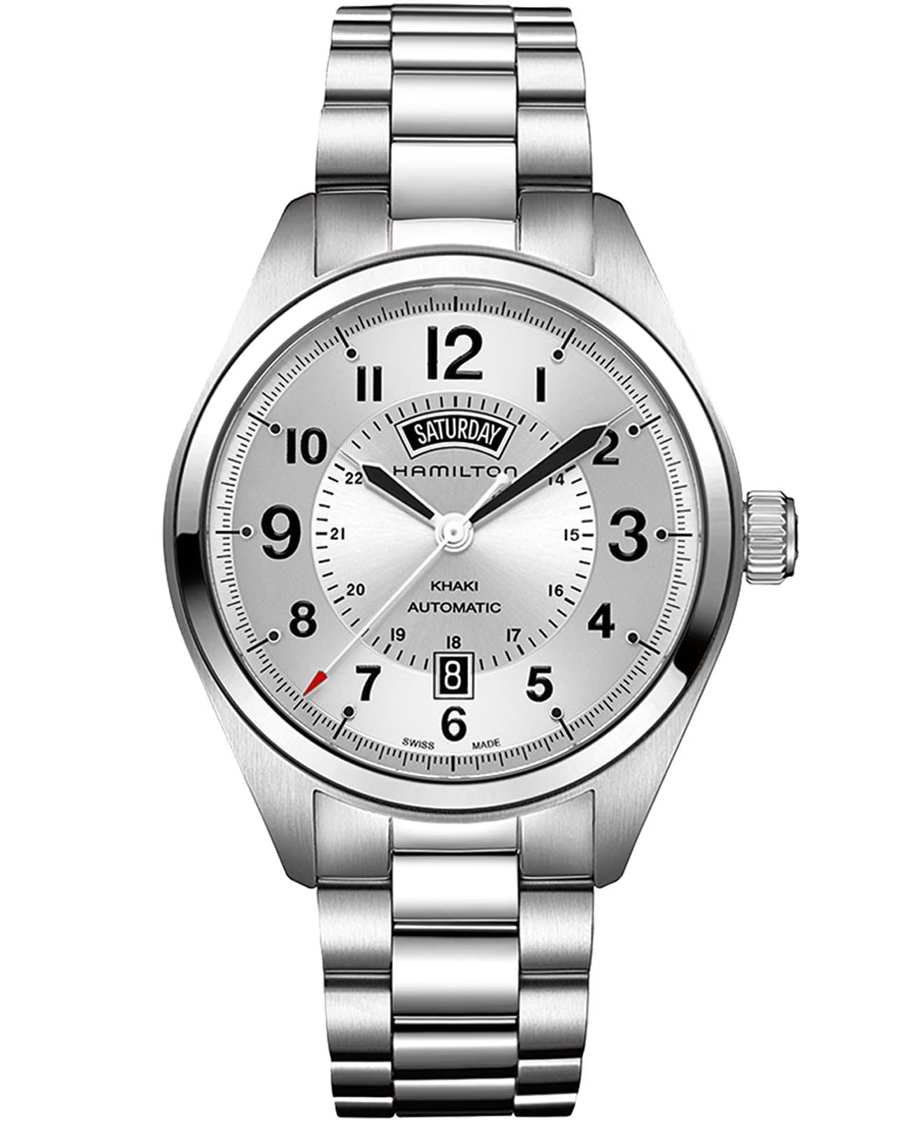 Hamilton Hamilton Khaki Field Day Date Auto H70505153  H70505153 механические мужские часы черный циферблат, браслет нержавеющая сталь — вид спереди