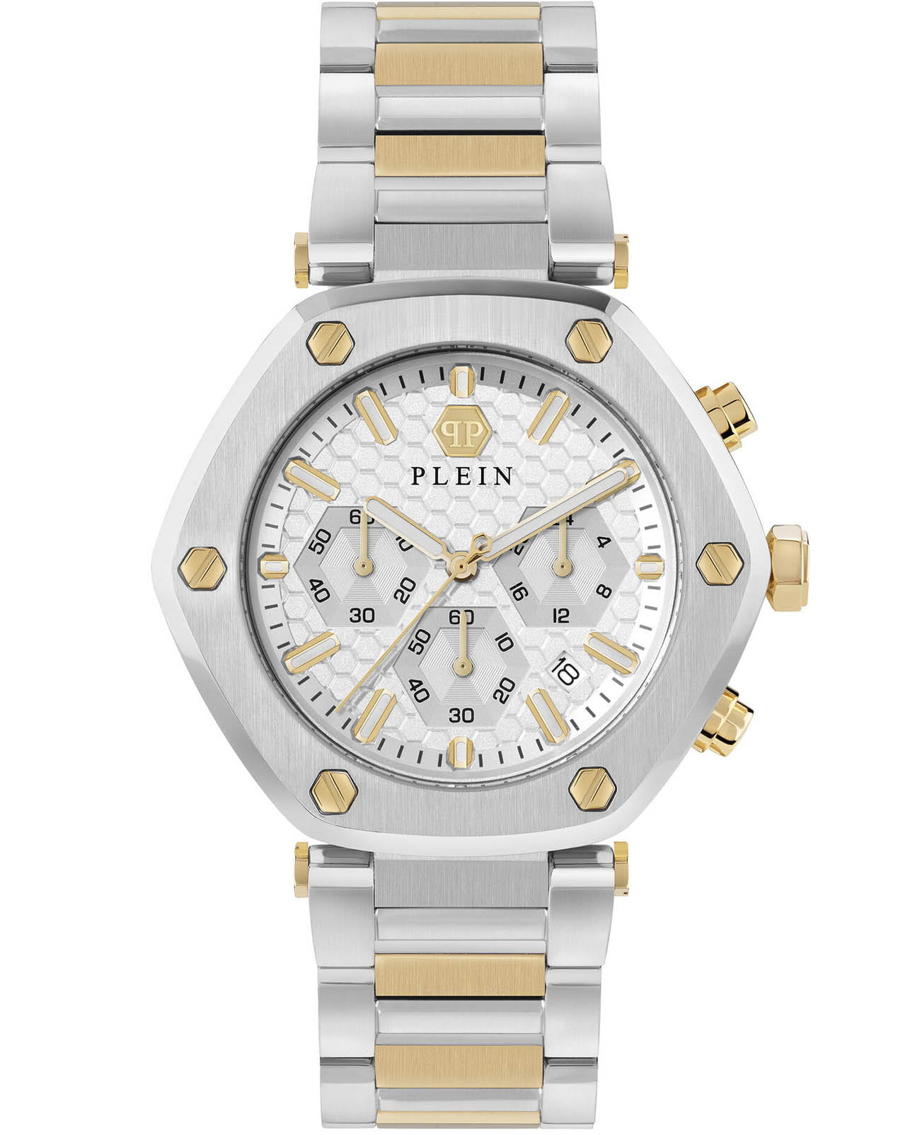 Philipp Plein Philipp Plein The Hexagon Chrono PWZBA0423  PWZBA0423 кварцевые мужские часы белый циферблат, браслет нержавеющая сталь с ip-покрытием — вид спереди