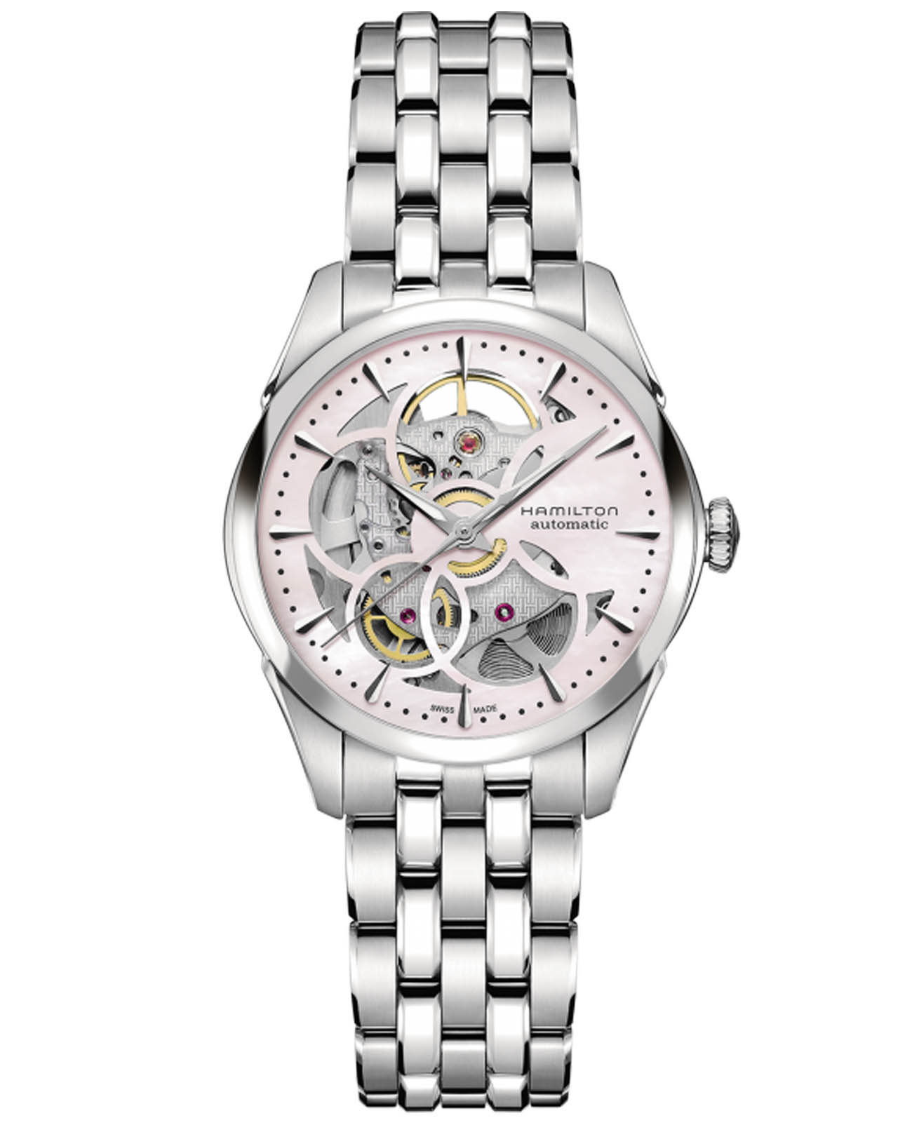 Hamilton Hamilton Jazzmaster Viewmatic Skeleton Lady Auto H32405171  H32405171 механические женские часы перламутровый циферблат, браслет нержавеющая сталь — вид спереди