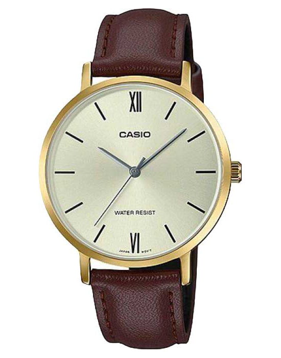 Casio Casio Collection LTP-VT01GL-9B  LTP-VT01GL-9B кварцевые женские часы серебристый циферблат, браслет кожаный — вид спереди