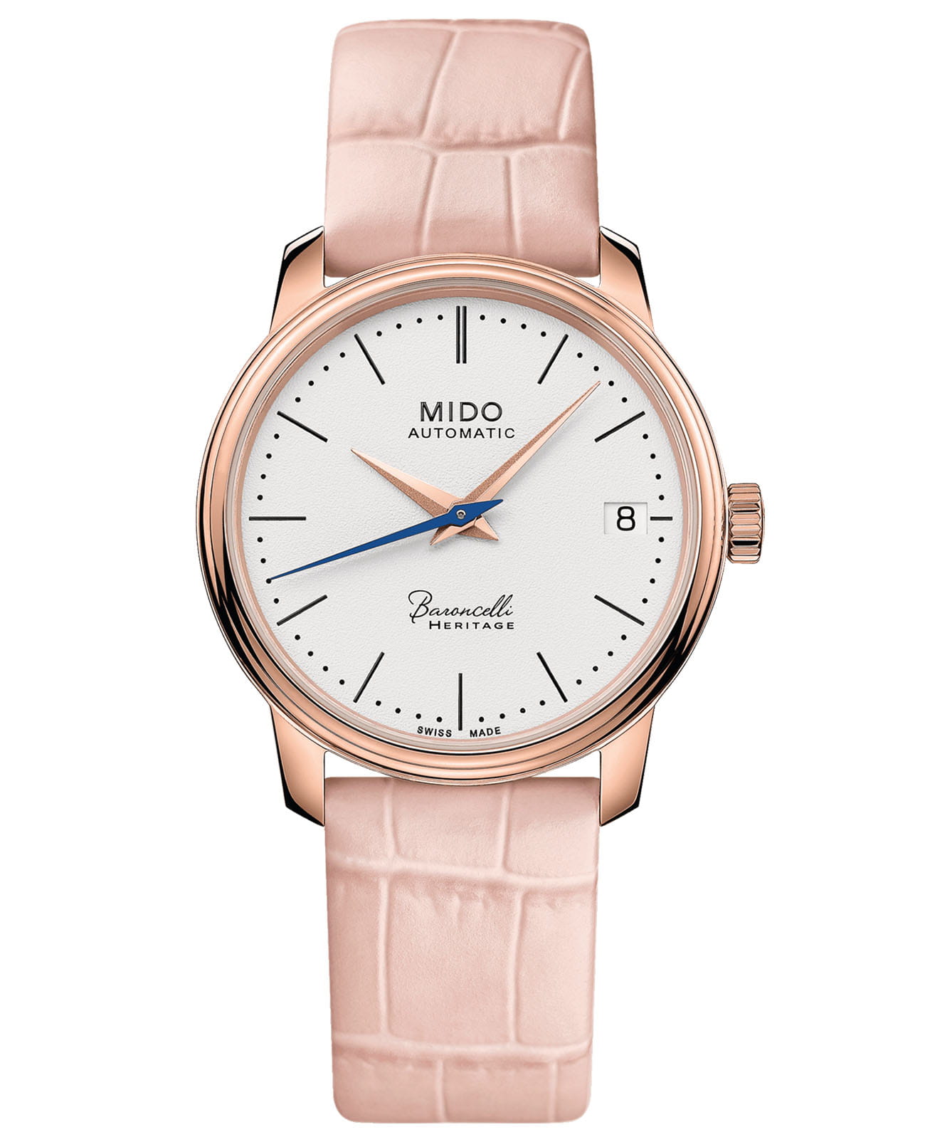 Mido Mido Baroncelli Heritage Lady M027.207.36.010.00  M0272073601000 механические женские часы белый циферблат, браслет кожаный — вид спереди