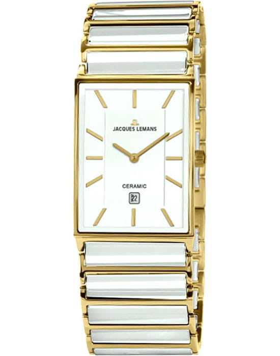 Jacques Lemans Jacques Lemans 1-1593F  1-1593F кварцевые мужские часы белый циферблат, браслет сталь + ip + керамика — вид спереди