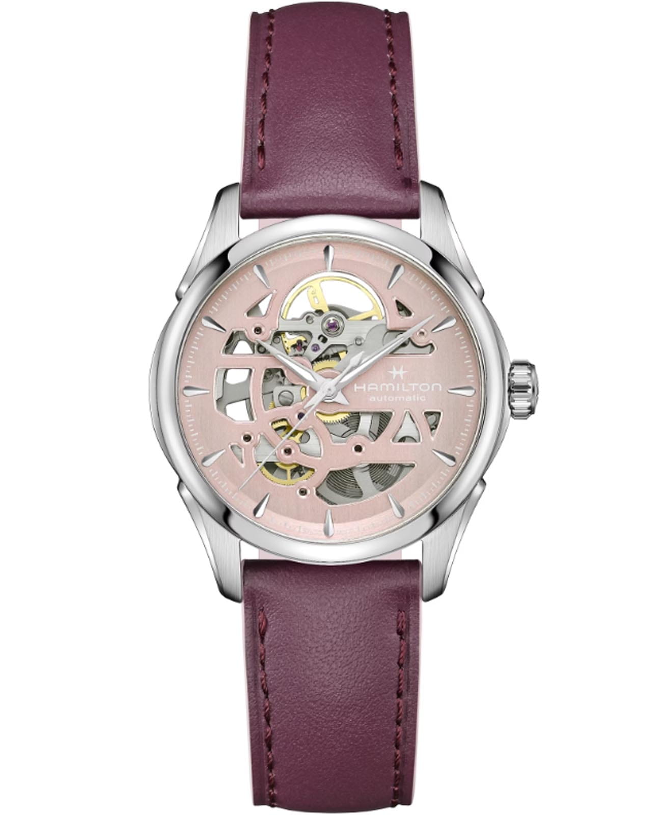 Hamilton Hamilton Jazzmaster Skeleton Lady Auto H32265870  H32265870 механические женские часы розовый циферблат, браслет кожаный — вид спереди