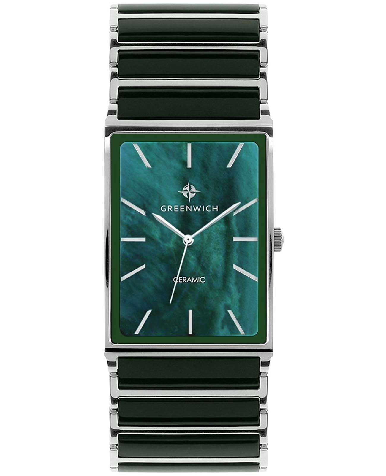 Greenwich Greenwich Electra GW 521.10.38  GW 521.10.38 кварцевые женские часы зеленый циферблат, браслет сталь + керамические вставки — вид спереди