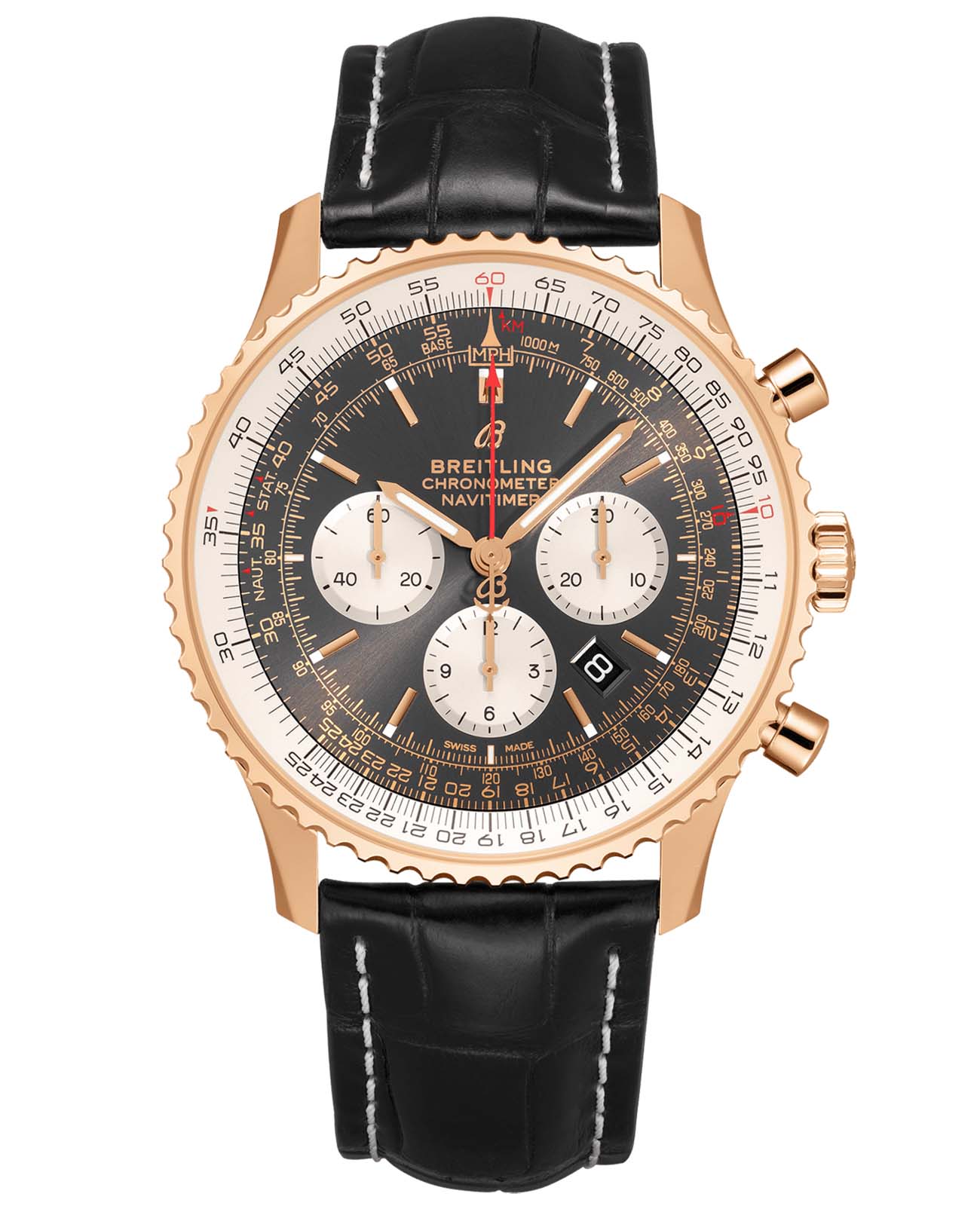 Breitling Breitling Navitimer B01 Chronograph 46 RB0127121F1P1  RB0127121F1P1 механические мужские часы  циферблат, браслет кожаный — вид спереди