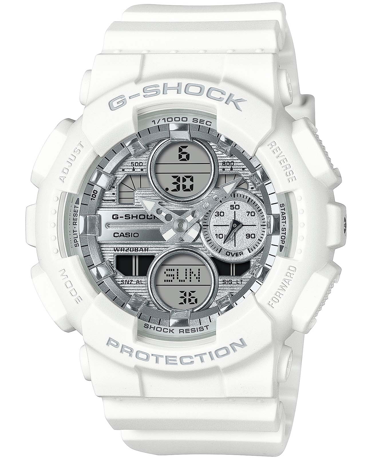 Casio Casio G-Shock GMA-S140VA-7ADR (GMA-S140VA-7A)  GMA-S140VA-7A электронные женские часы серебристый циферблат, браслет пластик — вид спереди