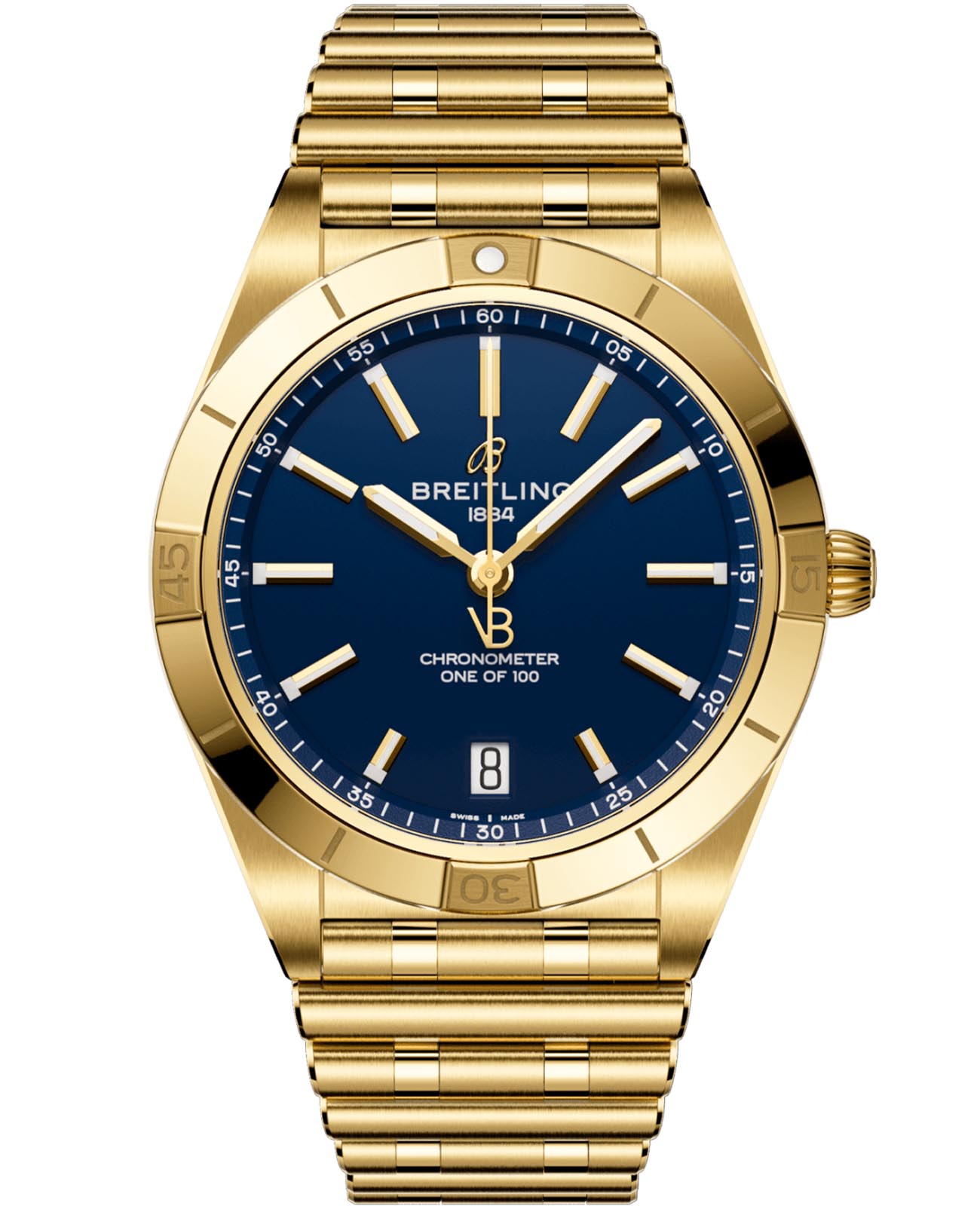Breitling Breitling Chronomat Automatic 36 Victoria Beckham K103801A1C1K1  K103801A1C1K1 механические женские часы синий циферблат, браслет 18-каратное желтое золото — вид спереди