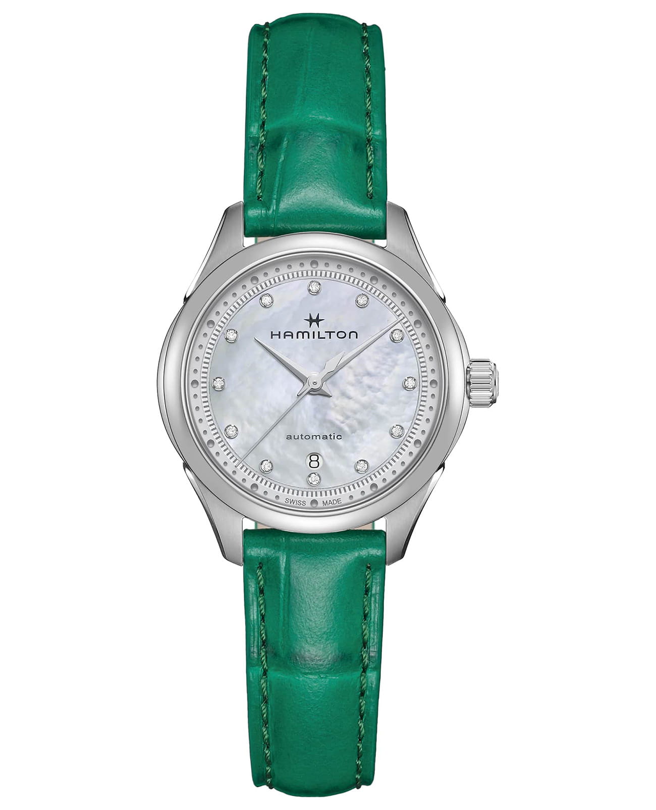 Hamilton Hamilton Jazzmaster Lady Auto H32275890  H32275890 механические женские часы перламутровый циферблат, браслет кожаный — вид спереди
