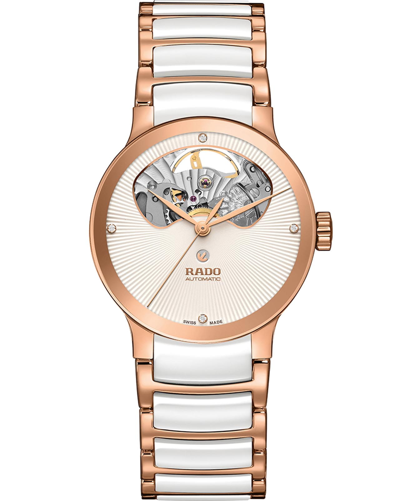 Rado Rado Centrix Automatic Diamonds Open Heart R30248722 Automatic R30248722 механические женские часы белый циферблат, браслет высокотехнологичная керамика + нержавеющая сталь с pvd покрытием — вид спереди