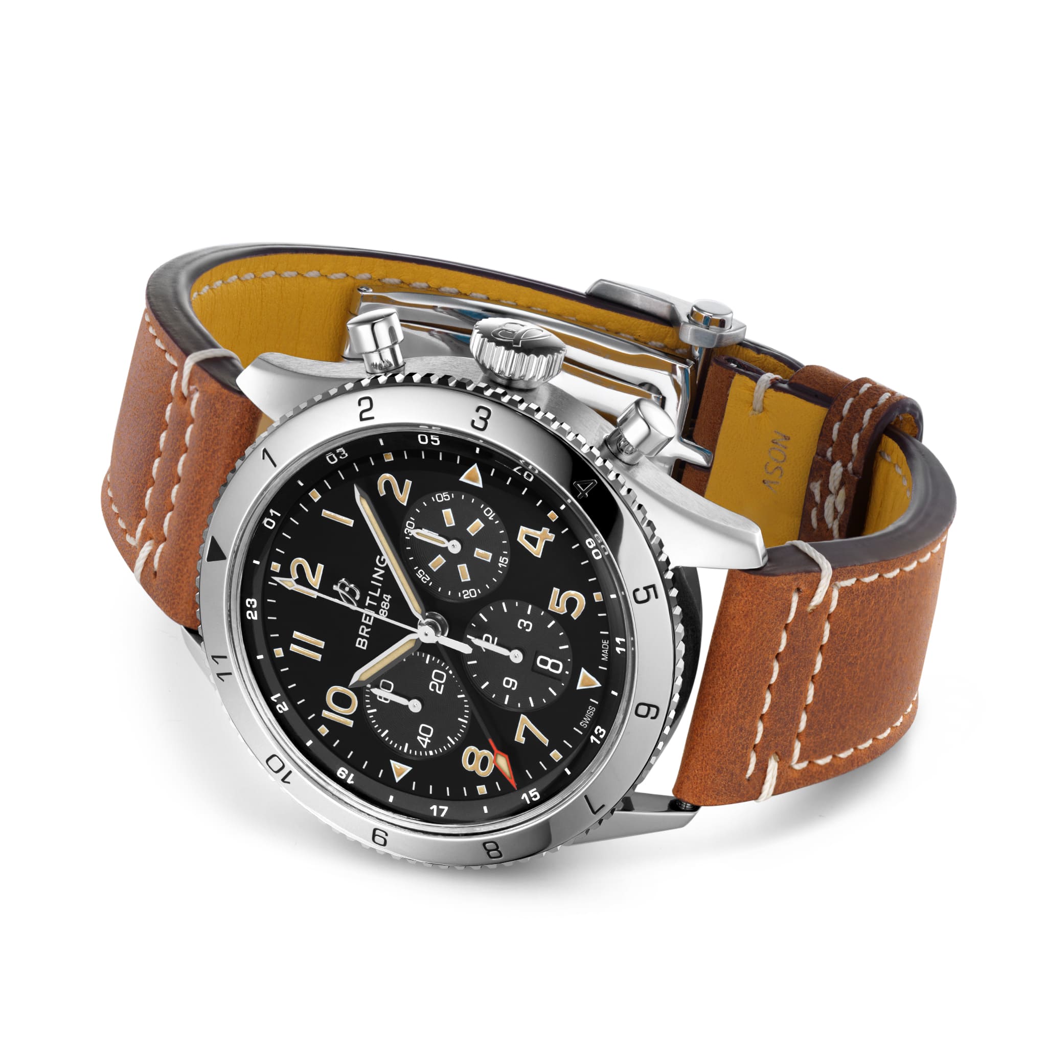 Breitling Breitling Super Avi B04 Chronograph GMT 46 P-51 Mustang AB04453A1B1X1, aviator 8 швейцария мужские часы на браслете кожаный боковой вид