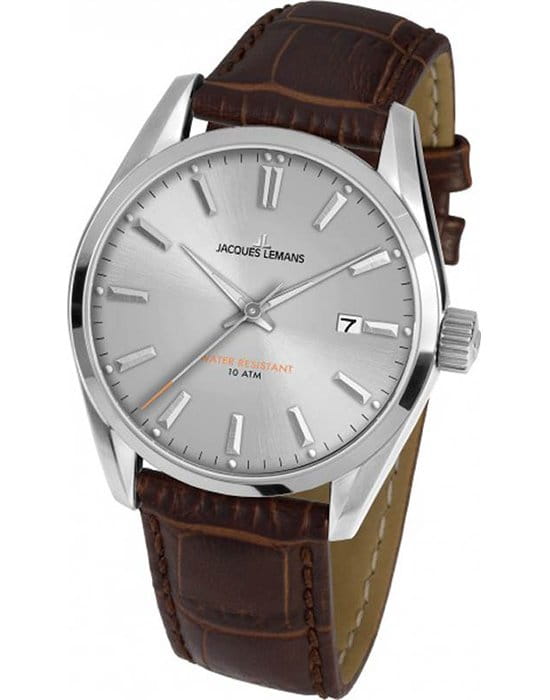 Jacques Lemans Jacques Lemans Classic 1-1859B  1-1859B кварцевые мужские часы серебристый циферблат, браслет кожаный — вид спереди