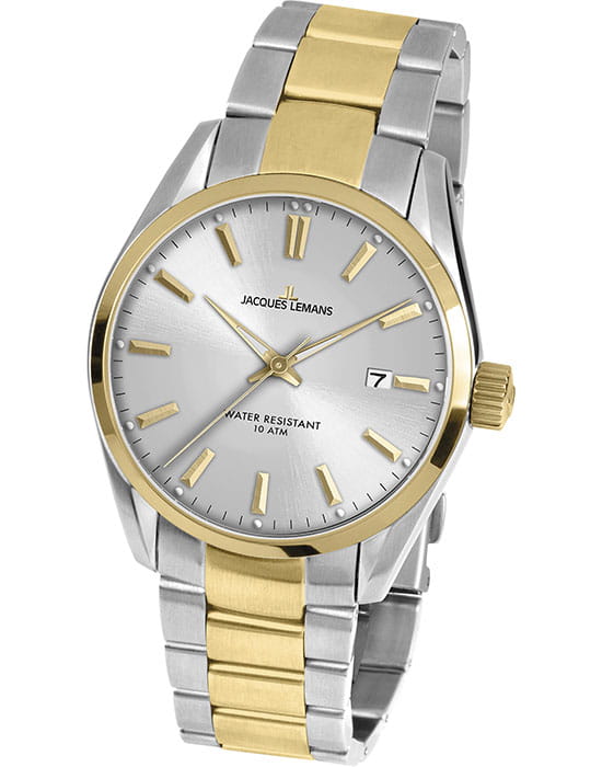 Jacques Lemans Jacques Lemans 1-1859J  1-1859J кварцевые мужские часы серебристый циферблат, браслет сталь с ip покрытием — вид спереди