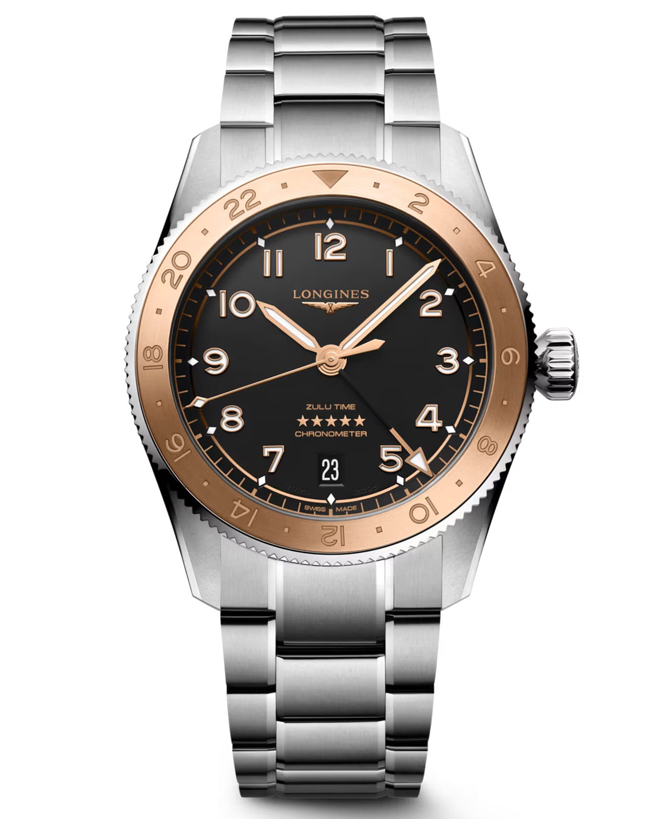 Longines Longines Spirit L3.803.5.53.6  L38035536 механические мужские часы черный циферблат, браслет нержавеющая сталь — вид спереди