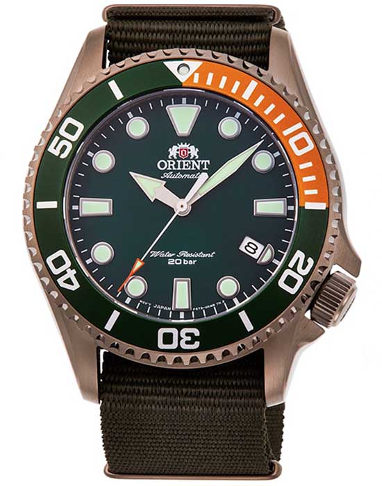 Orient Orient RA-AC0K04E (RN-AC0K04E)  RA-AC0K04E механические мужские часы зеленый циферблат, браслет тканевый — вид спереди