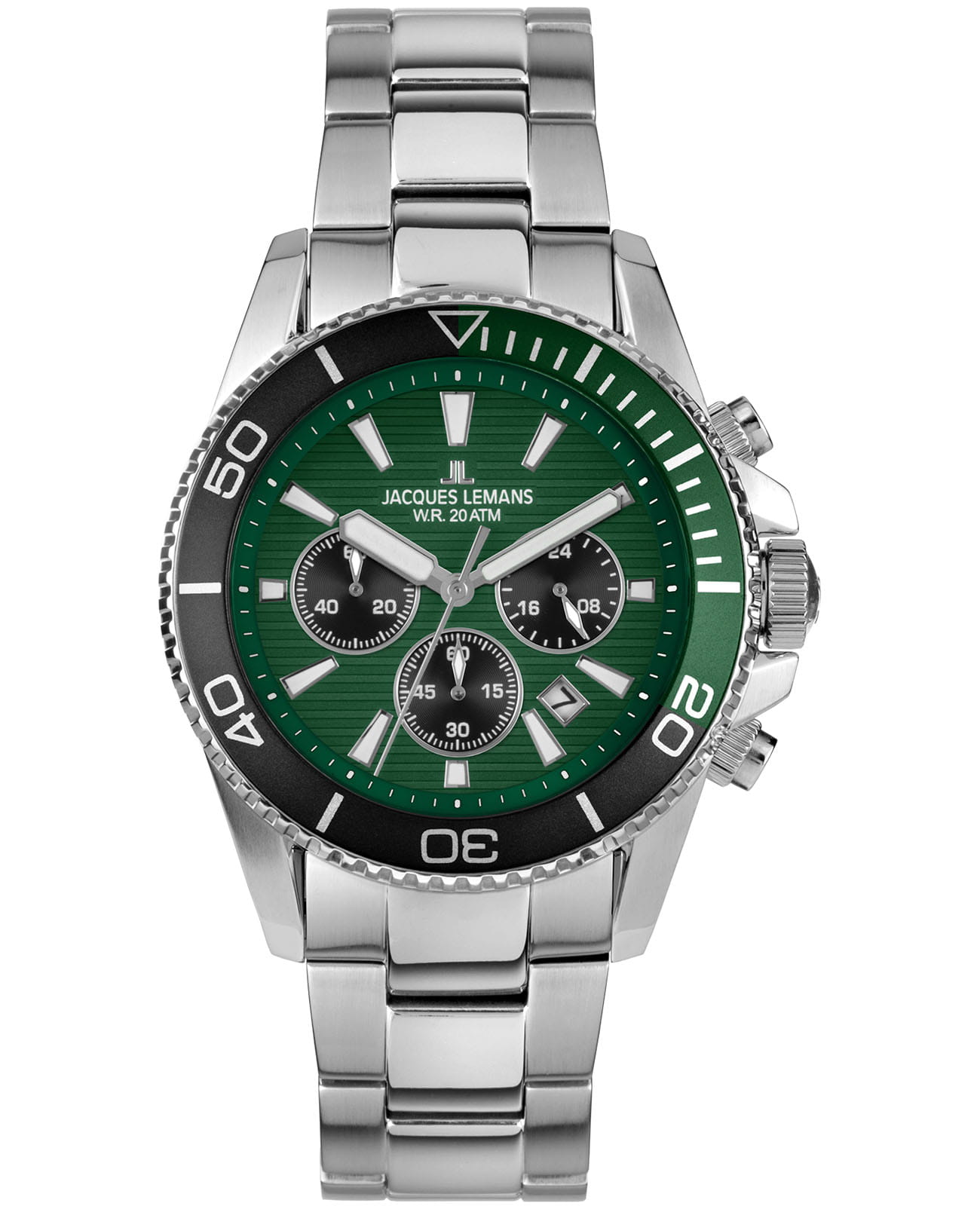 Jacques Lemans Jacques Lemans Liverpool Diver 1-2206i  1-2206i кварцевые мужские часы зеленый циферблат, браслет нержавеющая сталь — вид спереди