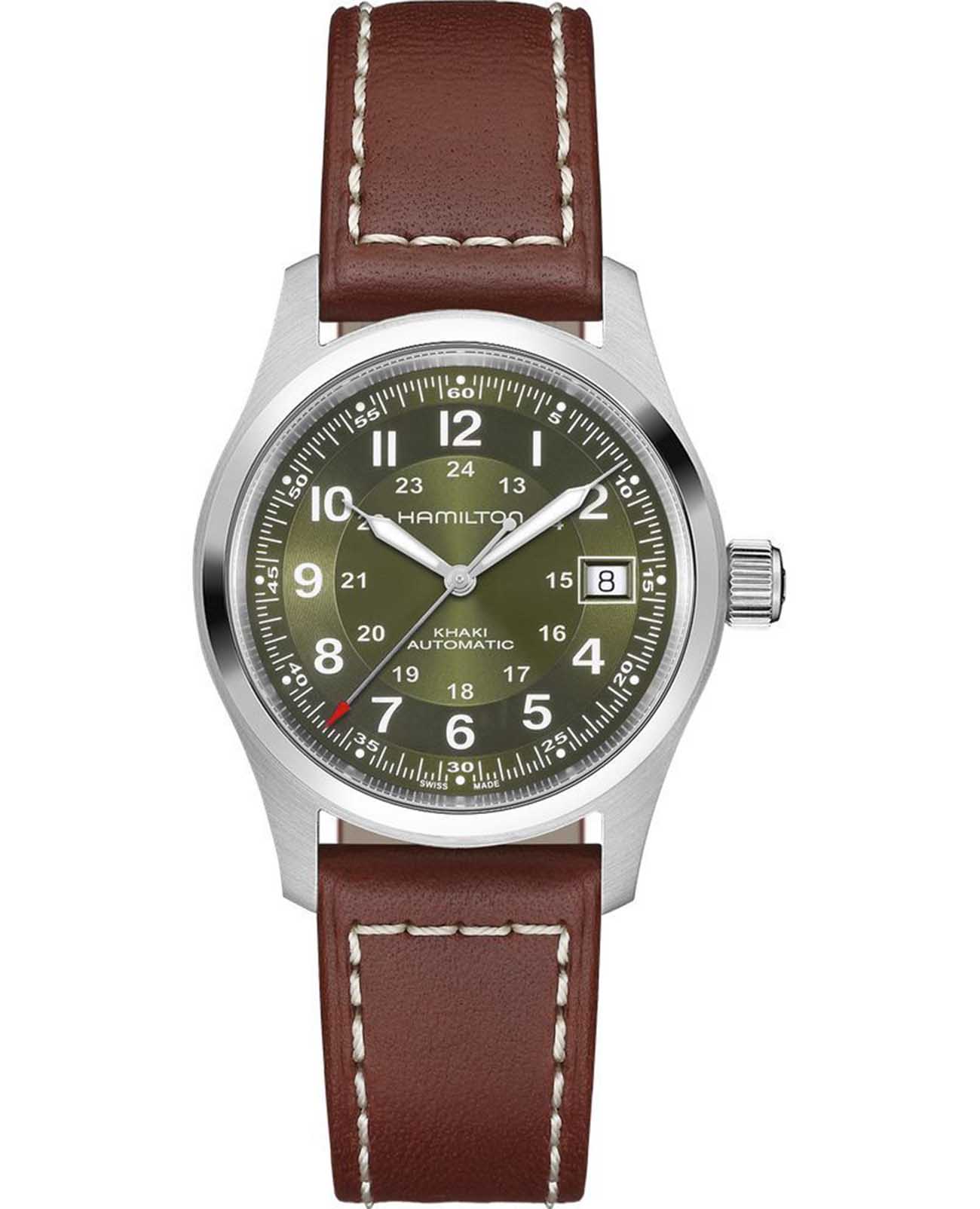 Hamilton Hamilton Khaki Field Auto H70455560  H70455560 механические мужские часы зеленый циферблат, браслет кожаный — вид спереди