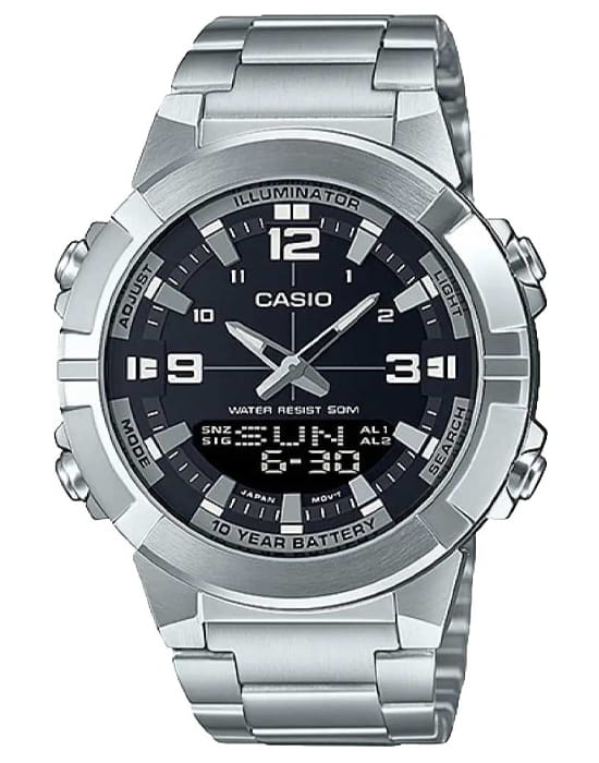 Casio Casio Collection AMW-870D-1AVDF (AMW-870D-1A)  AMW-870D-1A кварцевые мужские часы черный циферблат, браслет нержавеющая сталь — вид спереди