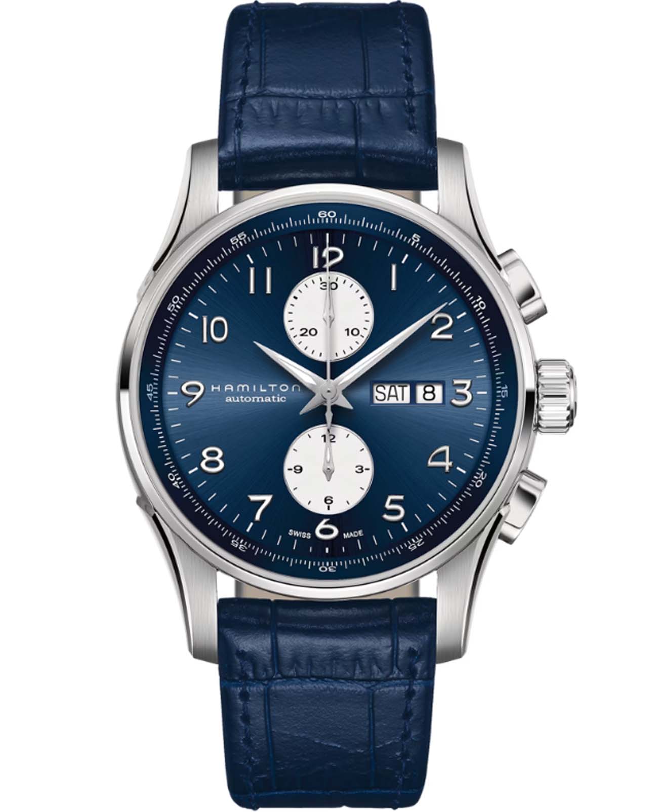 Hamilton Hamilton Jazzmaster Maestro Auto Chrono H32766643  H32766643 механические мужские часы синий циферблат, браслет кожаный — вид спереди
