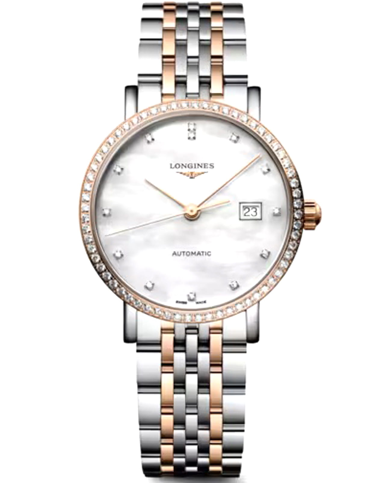 Longines Longines Elegance Elegant Collection L4.310.5.81.7  L43105817 механические женские часы перламутровый циферблат, браслет нержавеющая сталь и 18 каратное розовое золото — вид спереди