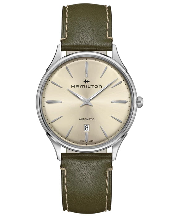 Hamilton Hamilton Jazzmaster Thinline Auto H38525811  H38525811 механические мужские часы белый циферблат, браслет кожаный — вид спереди