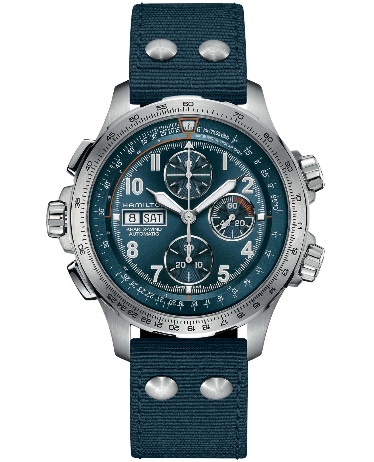 Hamilton Hamilton Khaki Aviation X-Wind Auto Chrono H77906940  H77906940 механические мужские часы синий циферблат, браслет кожаный — вид спереди