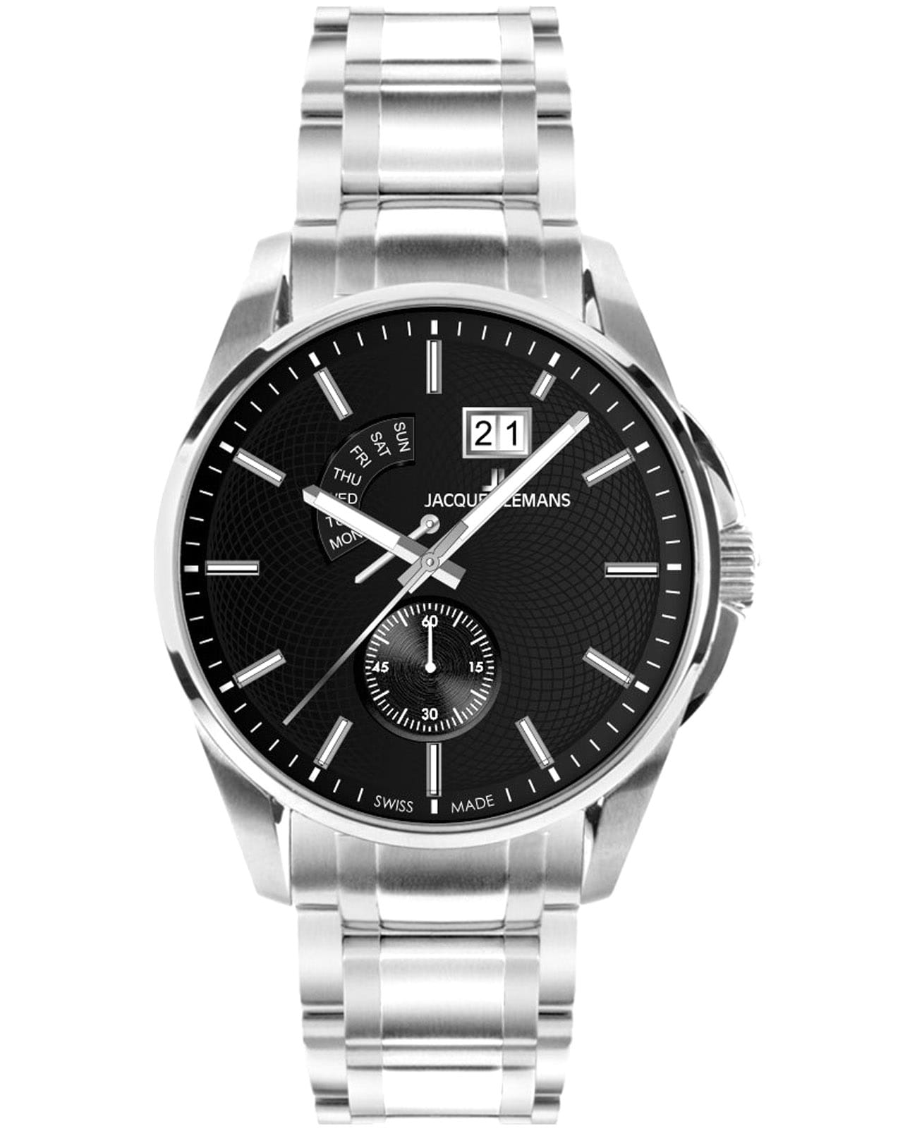 Jacques Lemans Jacques Lemans Derby 1-2199L  1-2199L кварцевые мужские часы черный циферблат, браслет нержавеющая сталь — вид спереди