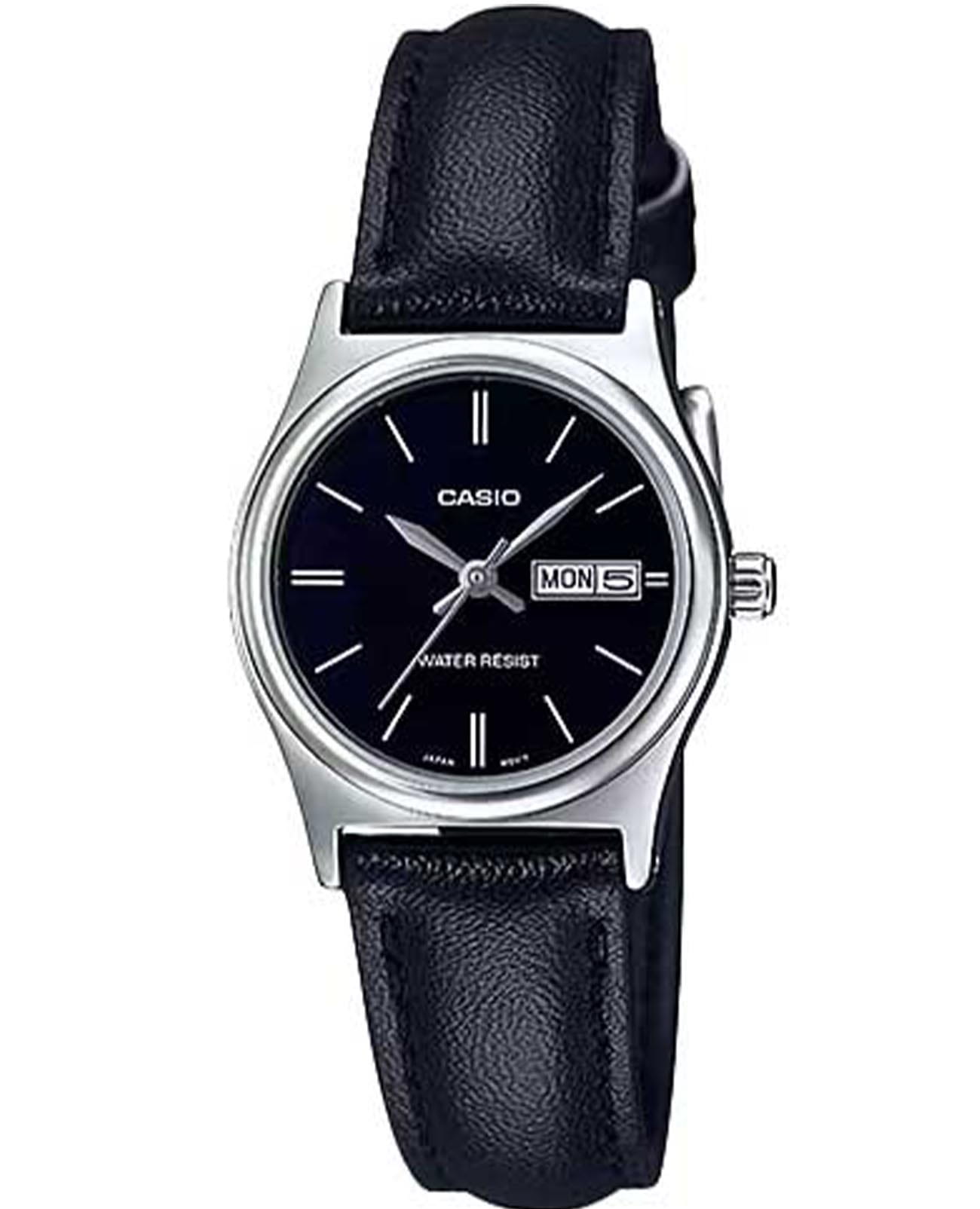 Casio Casio LTP-V006L-1B2  LTP-V006L-1B2 кварцевые женские часы черный циферблат, браслет кожаный — вид спереди