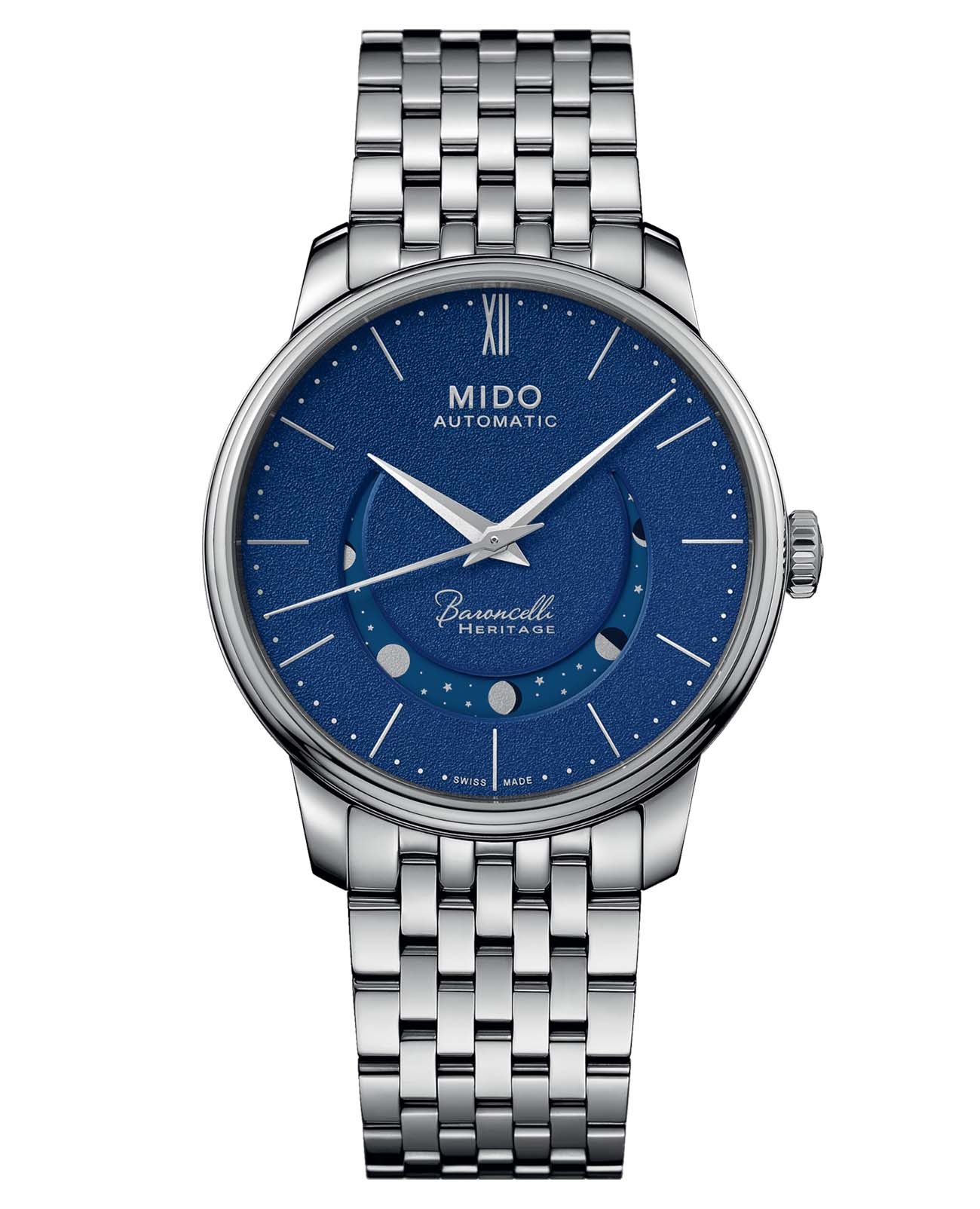 Mido Mido Baroncelli Smiling Moon Gent M027.407.11.040.00  M0274071104000 механические мужские часы синий циферблат, браслет нержавеющая сталь — вид спереди