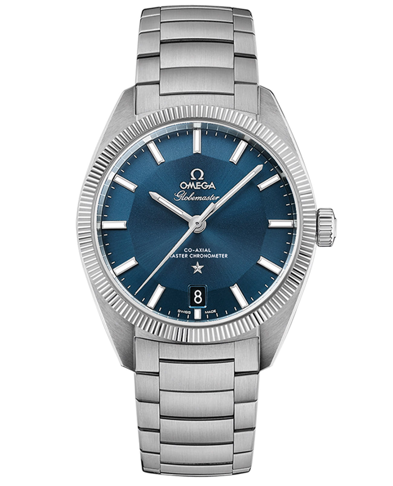 Omega Omega Constellation Globemaster 130.30.39.21.03.001 Globemaster 13030392103001 механические мужские часы синий циферблат, браслет нержавеющая сталь — вид спереди