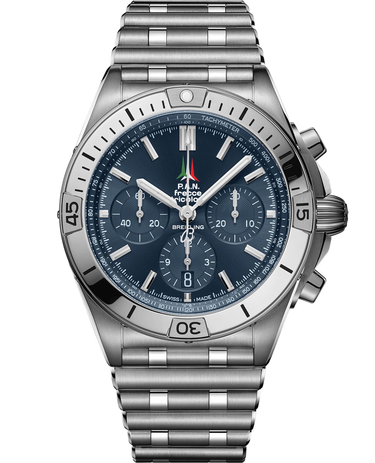Breitling Breitling Chronomat B01 42 Frecce Tricolori Limited Edition AB01344A1C1A1  AB01344A1C1A1 механические мужские часы синий циферблат, браслет нержавеющая сталь — вид спереди