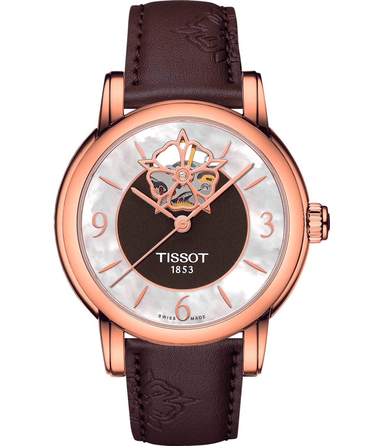 Tissot Tissot Lady Heart Powermatic 80 T050.207.37.117.04  T0502073711704 механические женские часы перламутровый циферблат, браслет кожаный — вид спереди