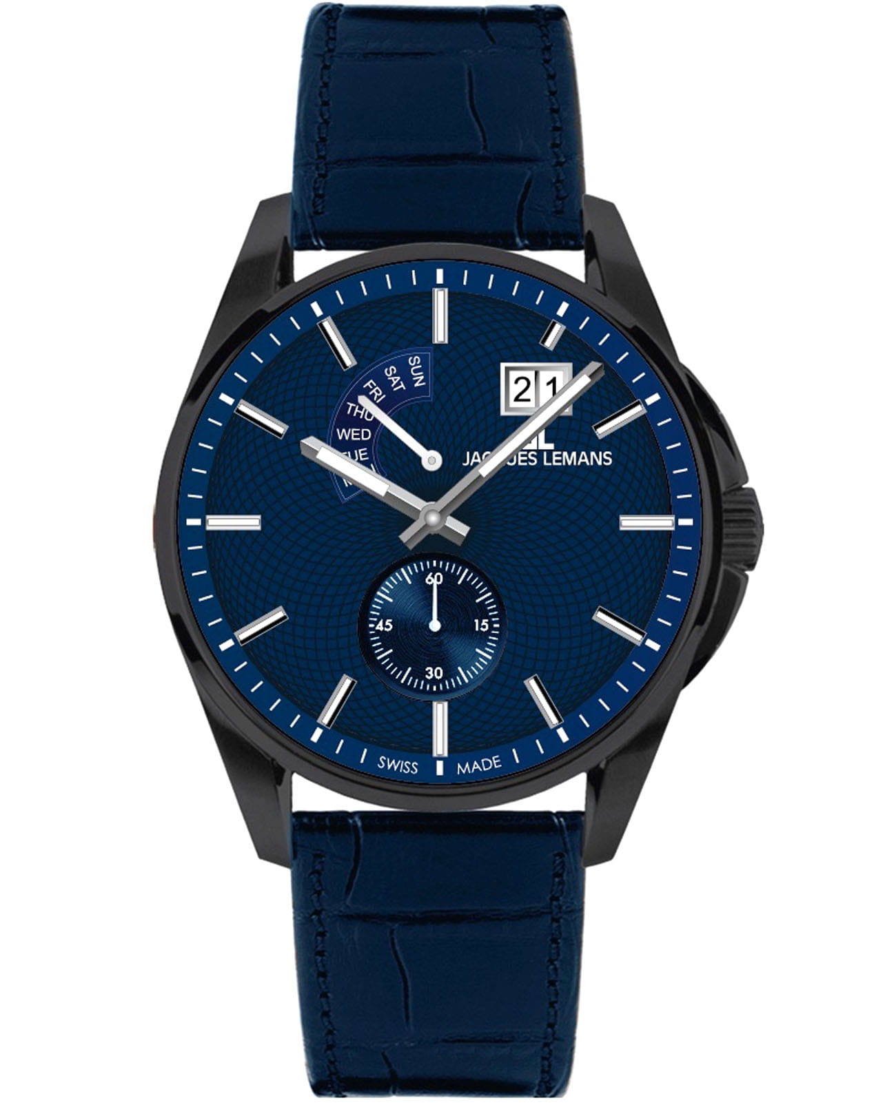 Jacques Lemans Jacques Lemans Derby 1-2199J  1-2199J кварцевые мужские часы синий циферблат, браслет кожаный — вид спереди