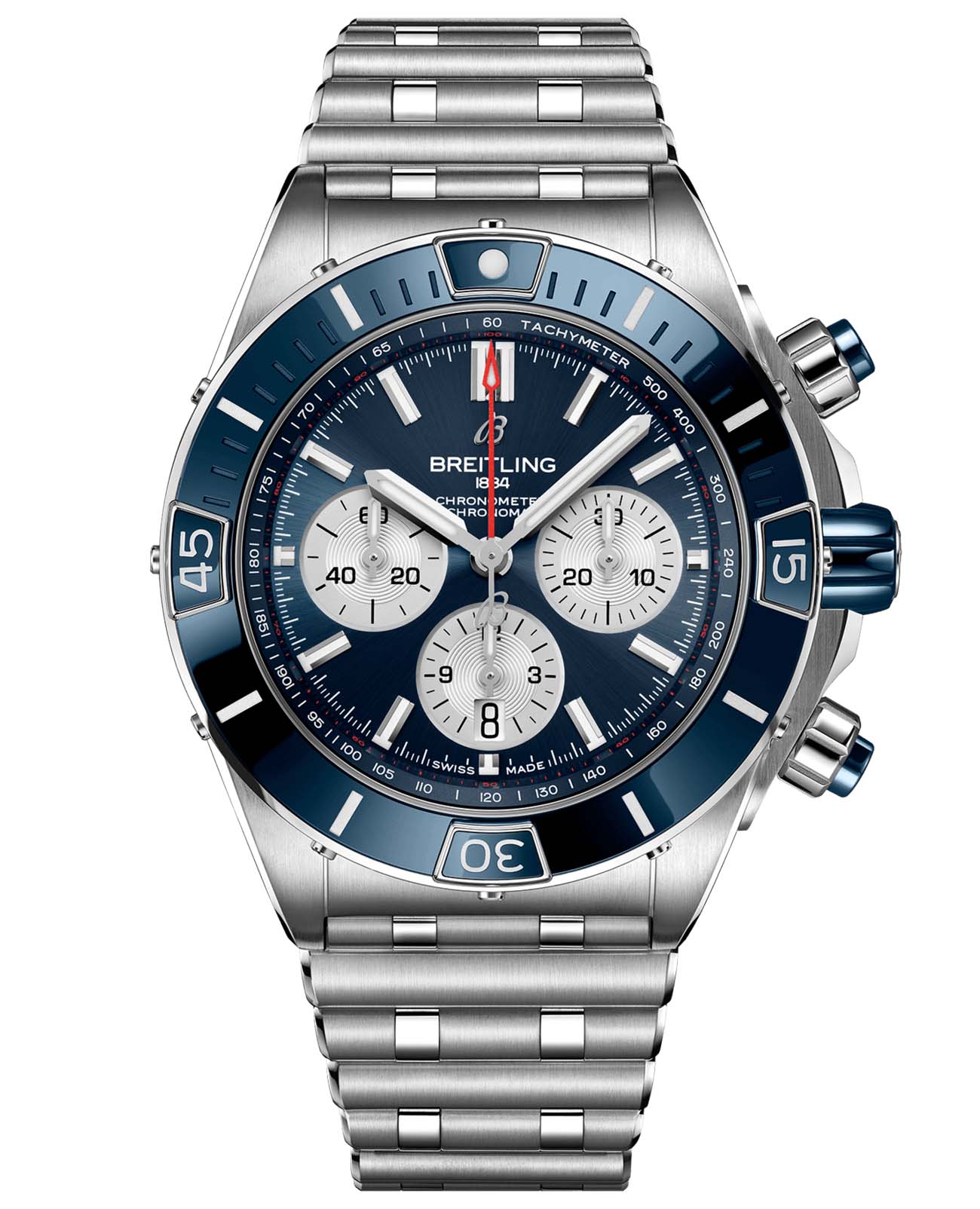 Breitling Breitling Super Chronomat B01 44 AB0136161C1A1  AB0136161C1A1 механические мужские часы синий циферблат, браслет нержавеющая сталь — вид спереди