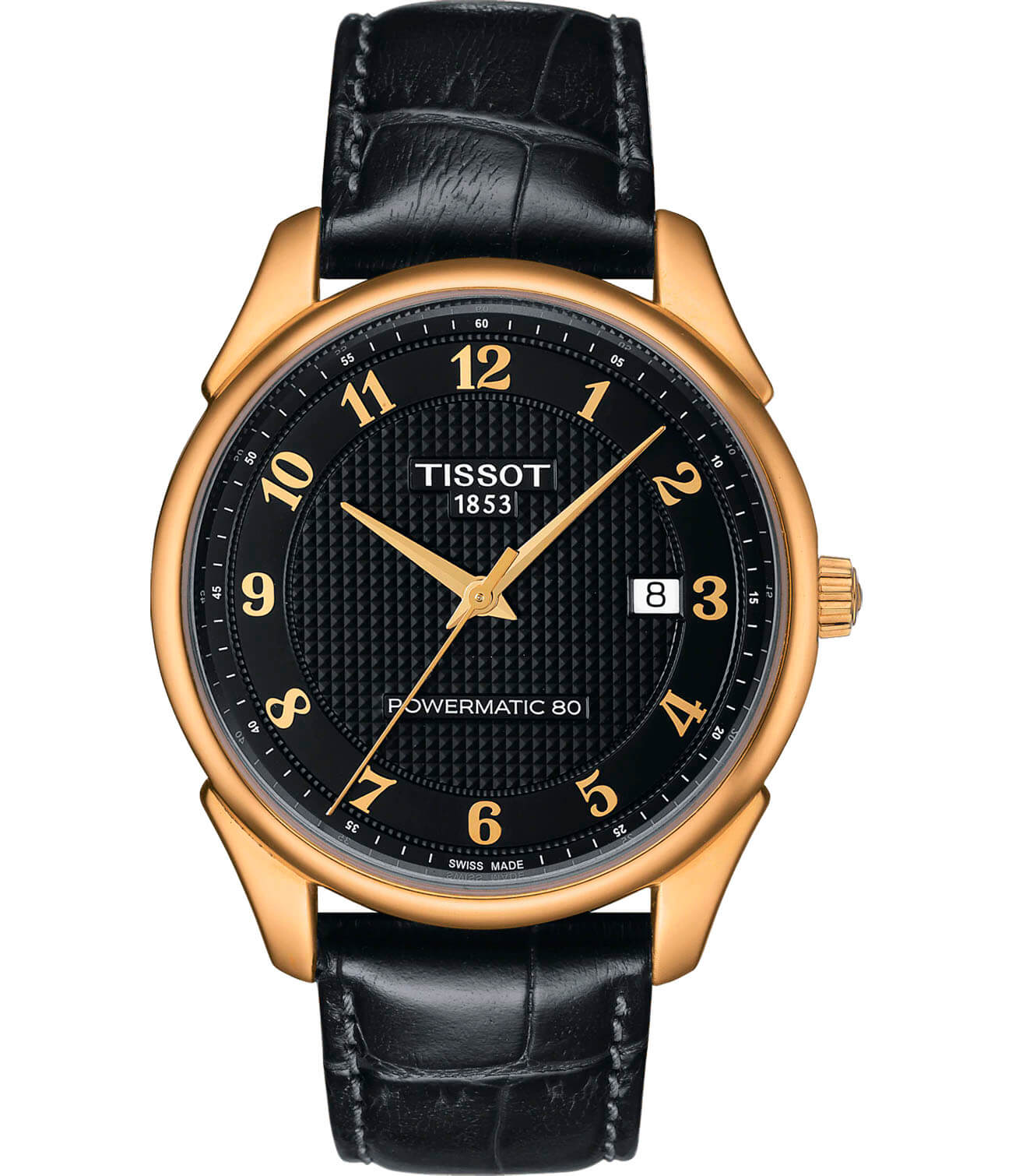 Tissot Tissot Vintage Powermatic 80 18K Gold T920.407.16.052.00  T9204071605200 механические мужские часы черный циферблат, браслет кожаный — вид спереди