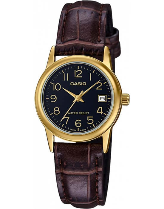 Casio Casio LTP-V002GL-1B  LTP-V002GL-1B кварцевые женские часы черный циферблат, браслет кожаный — вид спереди