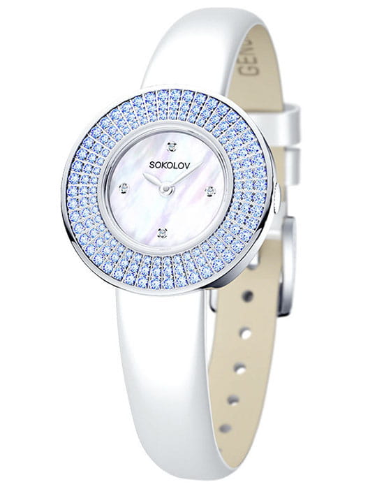 Sokolov 128.30.00.003.01.02.2  128.30.00.003.01.02.2 кварцевые женские часы перламутровый циферблат, браслет кожаный — вид спереди