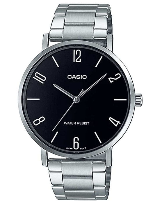 Casio Casio Collection MTP-VT01D-1B2UDF (MTP-VT01D-1B2)  MTP-VT01D-1B2 кварцевые мужские часы черный циферблат, браслет нержавеющая сталь — вид спереди