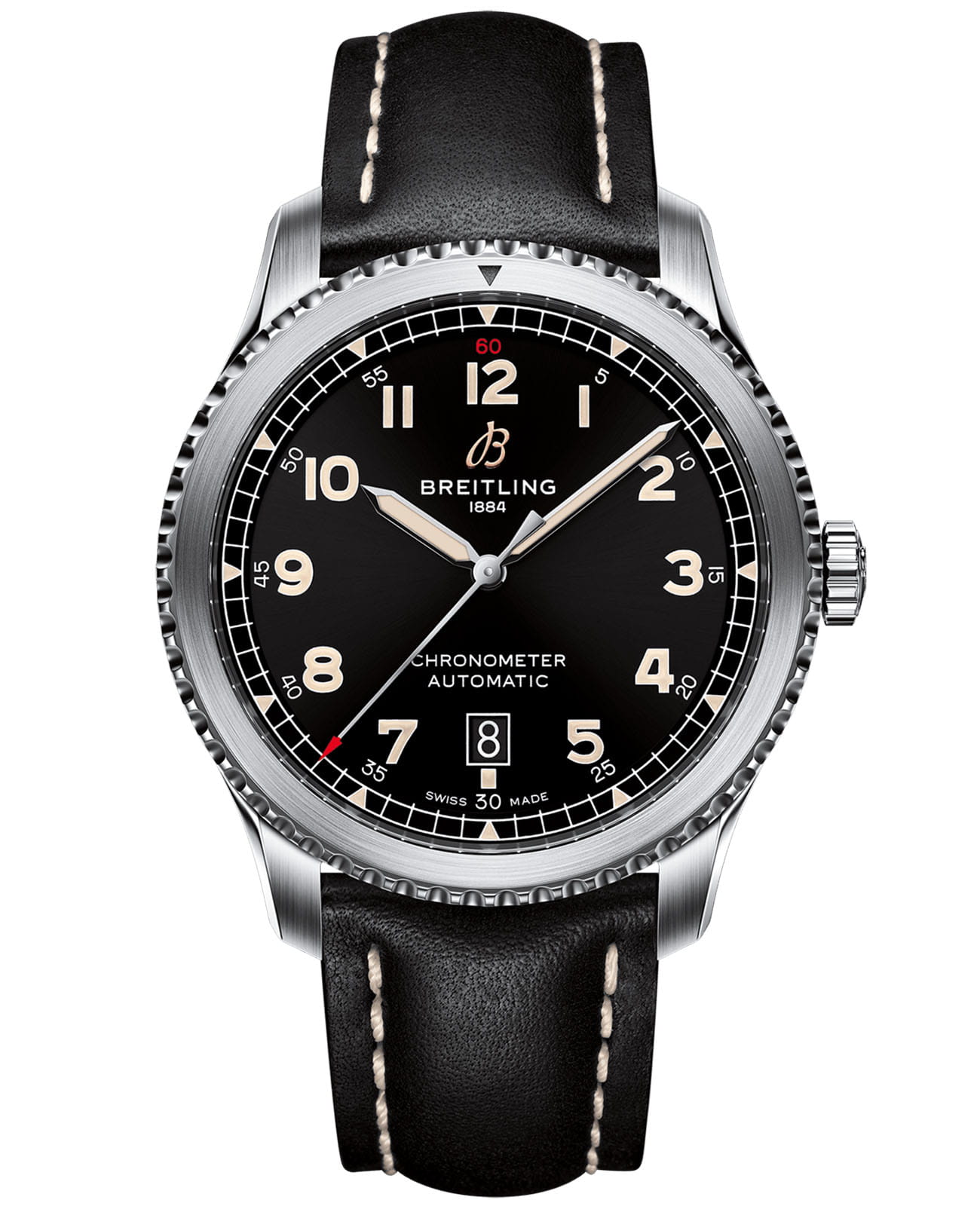 Breitling Breitling Aviator 8 Automatic 41 A17315101B1X1  A17315101B1X1 механические мужские часы черный циферблат, браслет кожаный — вид спереди