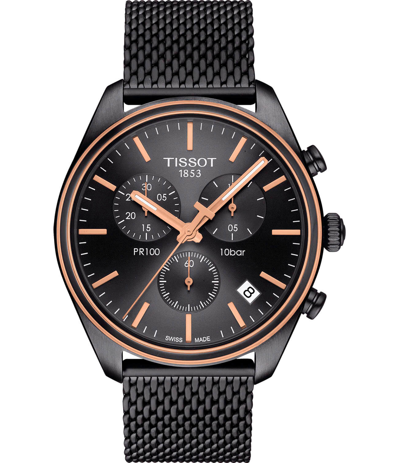 Tissot Tissot PR 100 Сhronograph T101.417.23.061.00 PR 100 T1014172306100 кварцевые мужские часы черный циферблат, браслет сталь c pvd покрытием — вид спереди