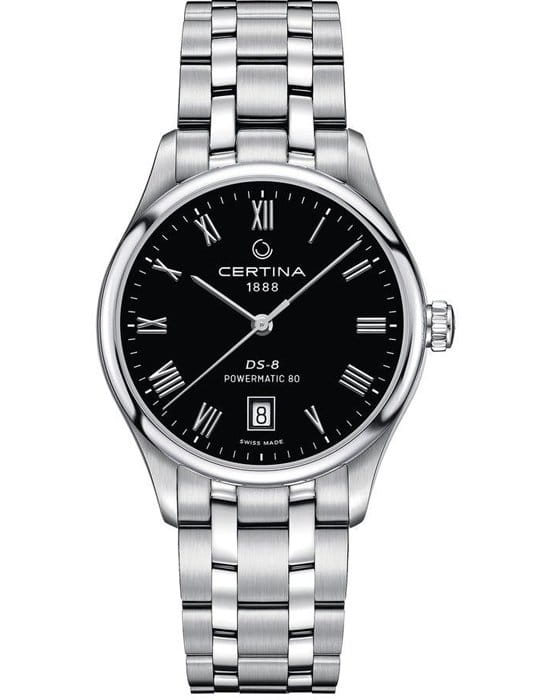 Certina Certina DS-8 Powermatic 80 C033.407.11.053.00 DS 8 C0334071105300 механические мужские часы черный циферблат, браслет нержавеющая сталь — вид спереди