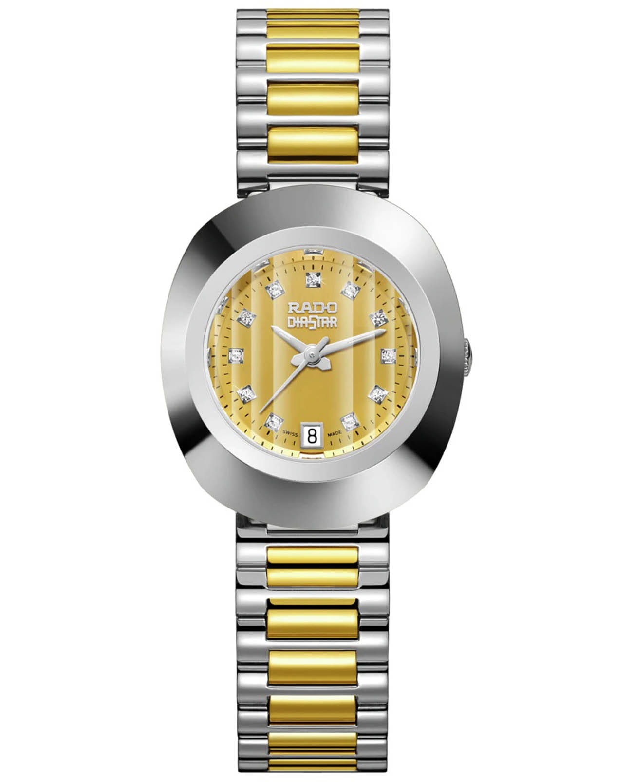 Rado Rado The Original DiaStar R12307304  R12307304 кварцевые женские часы золотой циферблат, браслет сталь c pvd покрытием — вид спереди