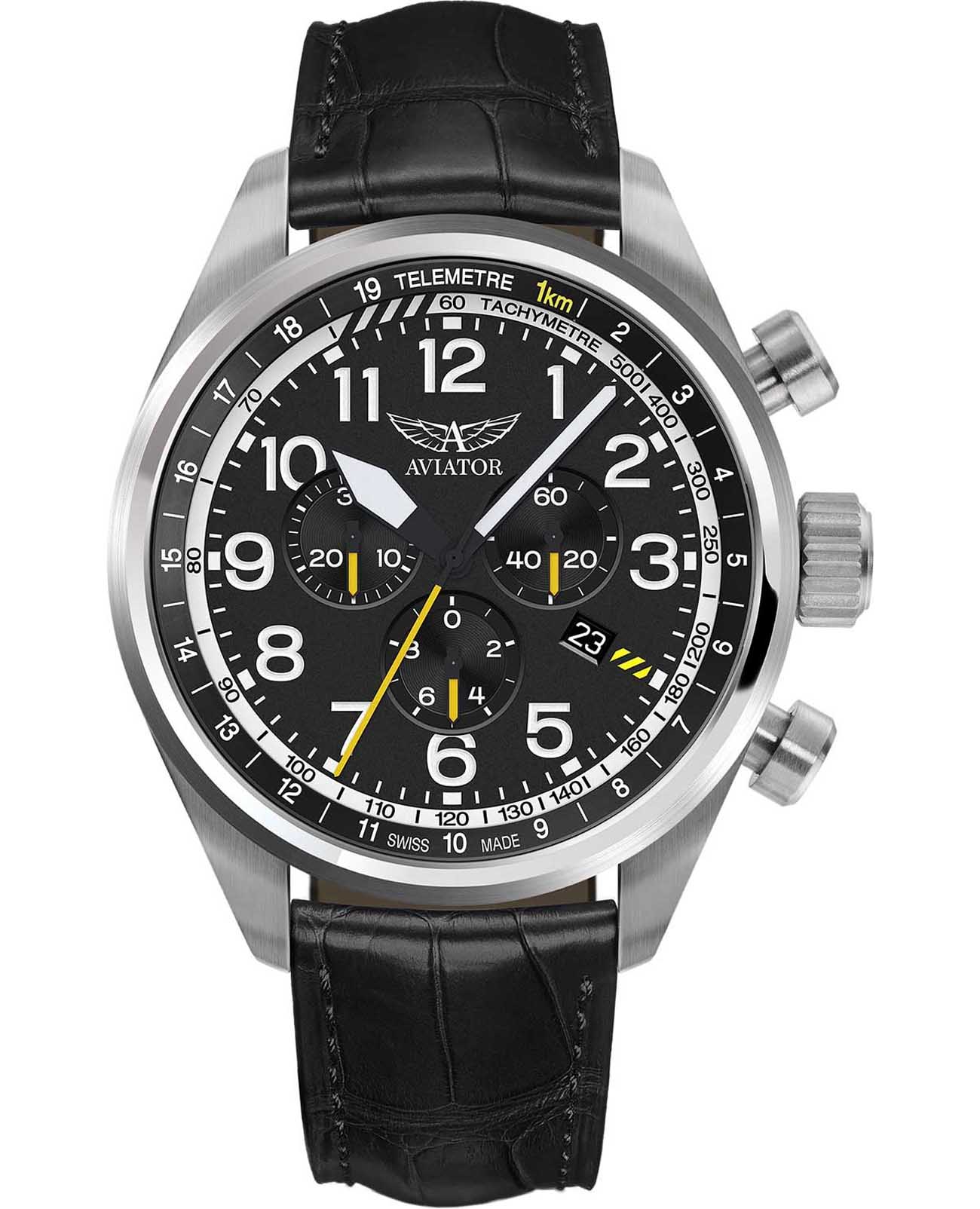 Aviator Aviator Airacobra V.2.25.0.169.4  V.2.25.0.169.4 кварцевые мужские часы черный циферблат, браслет кожаный — вид спереди