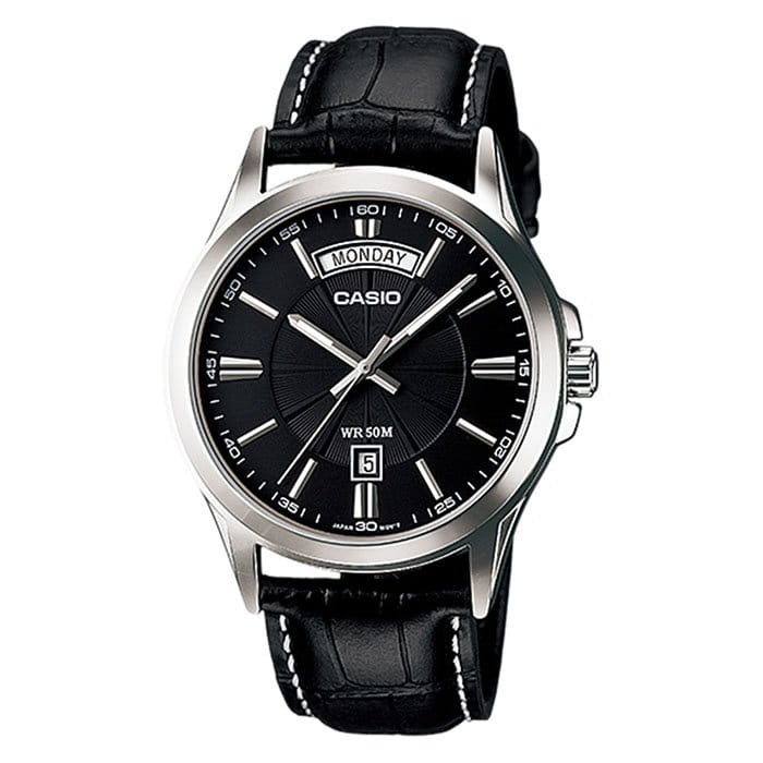 Casio Casio Collection MTP-1381L-1AVDF (MTP-1381L-1A)  MTP-1381L-1A кварцевые мужские часы черный циферблат, браслет кожаный — вид спереди