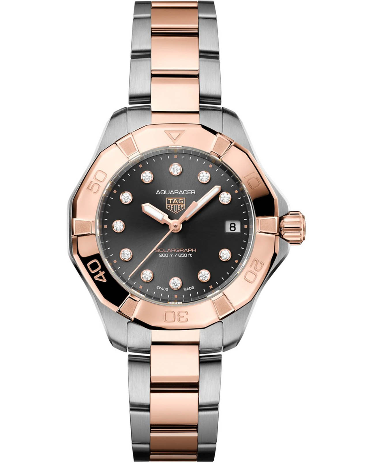 TAG Heuer TAG Heuer Aquaracer Professional 200 WBP1324.BB0005  WBP1324.BB0005 кварцевые женские часы черный циферблат, браслет нержавеющая сталь и 18 каратное розовое золото — вид спереди