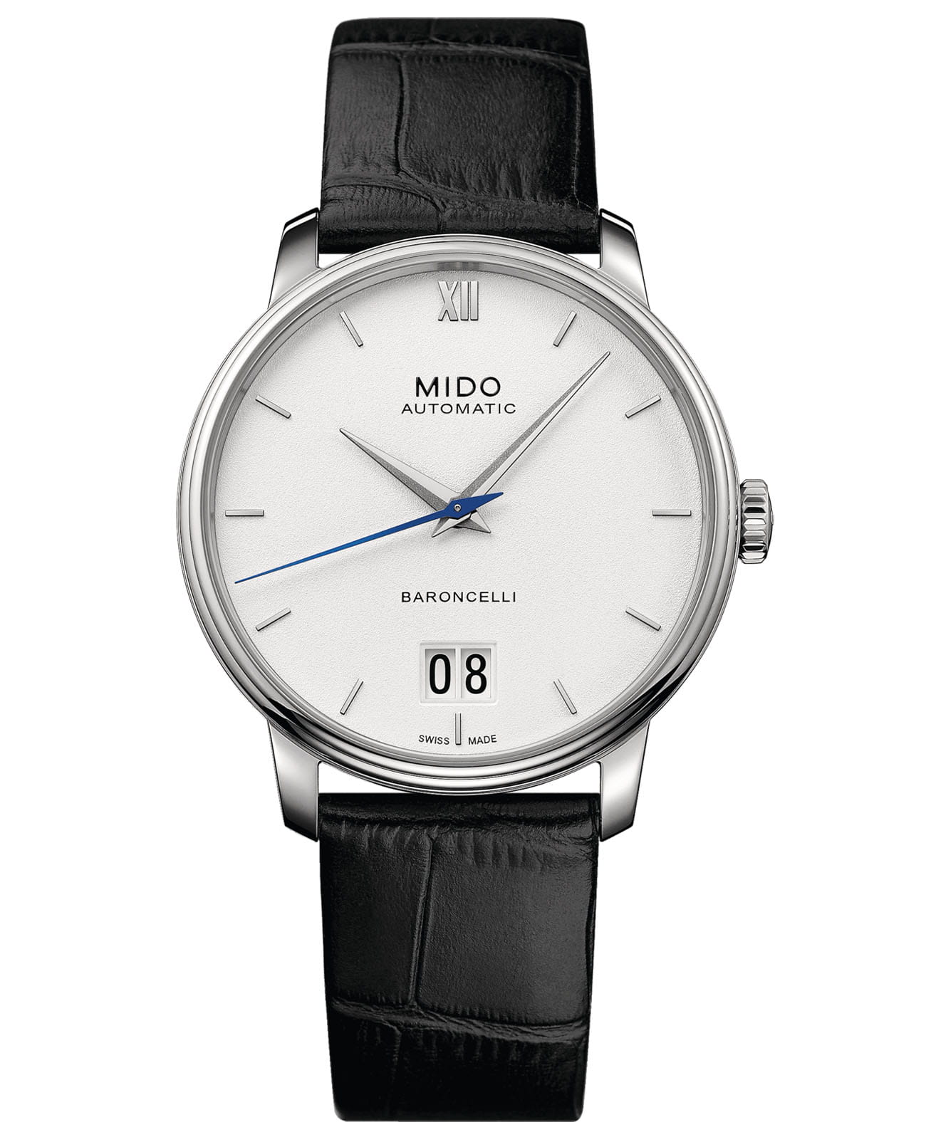 Mido Mido Baroncelli Big Date M027.426.16.018.00  M0274261601800 механические мужские часы белый циферблат, браслет кожаный — вид спереди