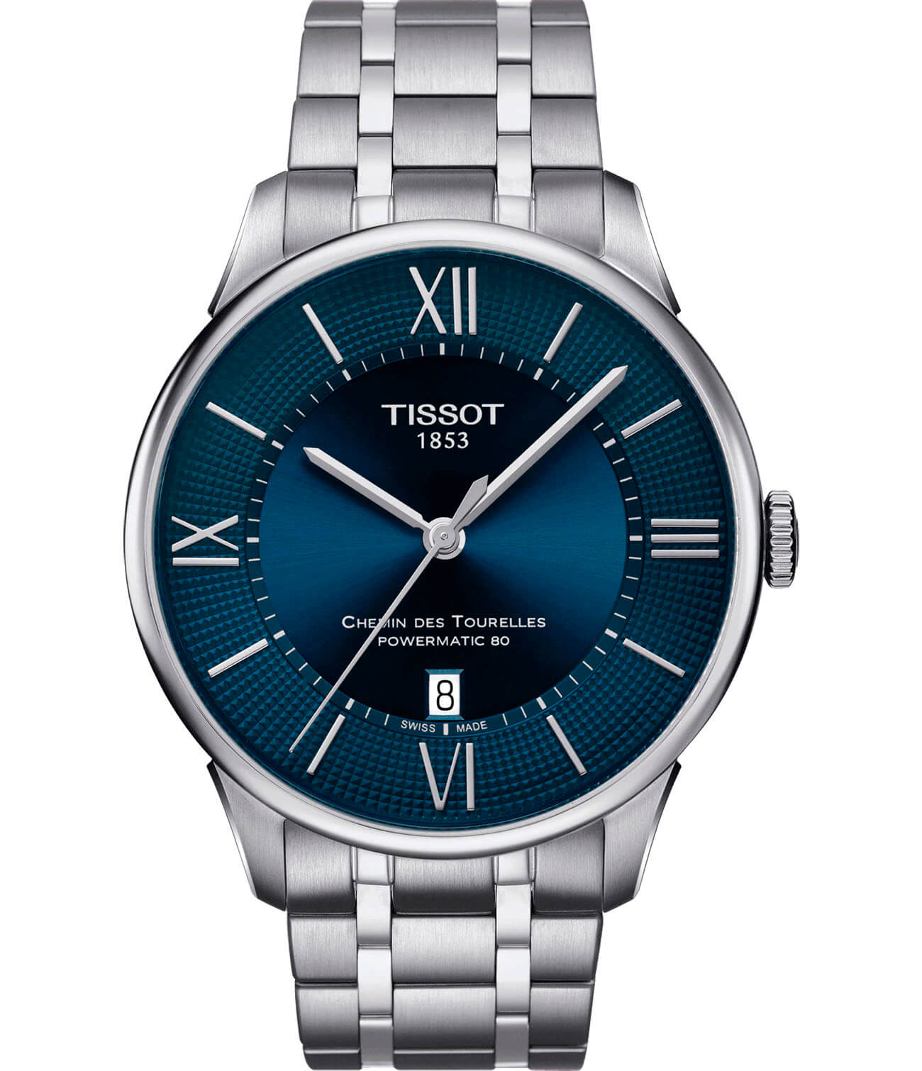 Tissot Tissot Chemin des Tourelles Powermatic 80 T099.407.11.048.00 Chemin des Tourelles T0994071104800 механические мужские часы синий циферблат, браслет нержавеющая сталь — вид спереди
